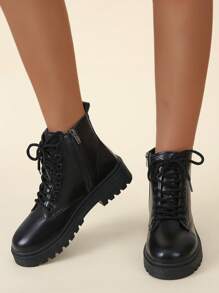 女士时尚系带短靴舒适多功能平底短靴休闲靴女秋冬单衬时尚百搭摩托车靴 - 黑色 - 查看 1