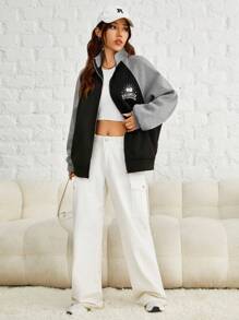 SHEIN EZwear 萬聖印花插肩袖拉鏈開襟運動衫 - 灰色 - 查看 4