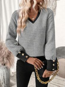 SHEIN Clasi Contrast Trim Lantern Sleeve Blouse - Black and White - View 6