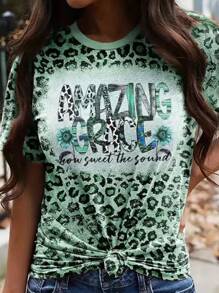 SHEIN Unity 豹紋和標語圖案T恤 - 綠色 - 查看 1
