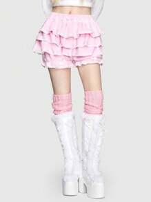 ROMWE Kawaii Layered Ruffle Trim Flannelette Shorts - Pink - View 4