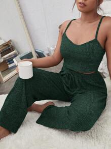 Conjunto de pijama con nudo delantero de punto acanalado talla grande - Verde Oscuro - Ver 1