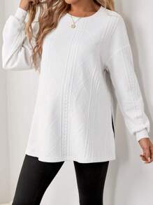 SHEIN Maternity Drop Shoulder Split Hem Sweatshirt With Long Sleeve, For Winter - White - View 3