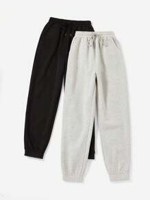 SHEIN EZwear 2入組素色腰部抽繩衛褲 - 黑色 - 查看 1