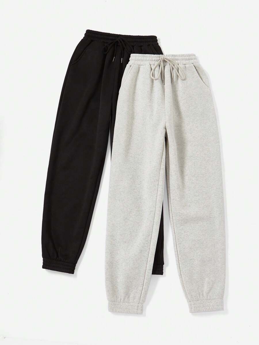 SHEIN EZwear 2入組素色腰部抽繩衛褲 - 黑色 - 查看 1