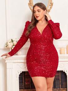 Double Crazy Plus Plunging Neck Gigot Sleeve Sequin Bodycon Dress - Red - View 1
