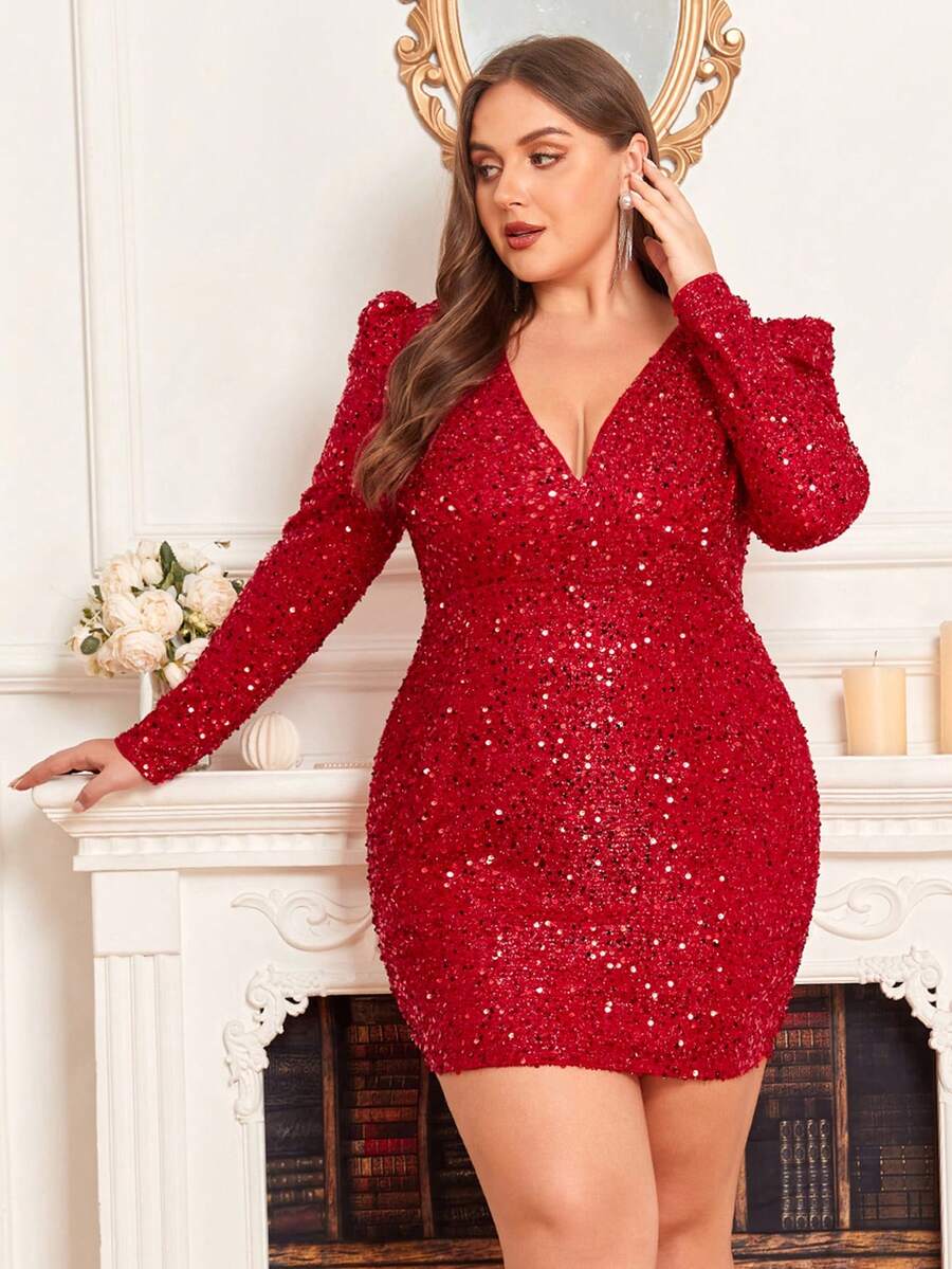 Double Crazy Plus Plunging Neck Gigot Sleeve Sequin Bodycon Dress - Red - View 1