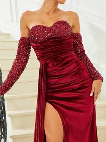Missord Off Shoulder Contrast Sequin Ruched Split Thigh Formal Dress - Burgundy - View 6