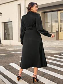 SHEIN Privé Plus Tie Neck Lantern Sleeve Dress - Black - View 2