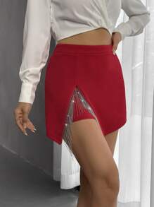 SHEIN Privé Pha lê Viền rìa Viền không đối xứng Váy quần - Đỏ - Xem 4