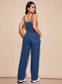 SHEIN Privé 前紐扣斜口袋牛仔吊帶連體褲 - 深色水洗藍 - 查看 2