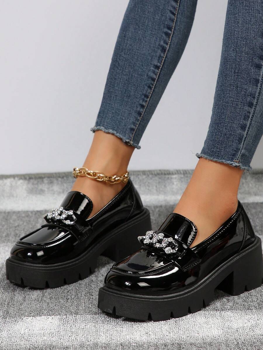 Ladies' Chunky Heel Platform Loafers, Black SHEIN UK