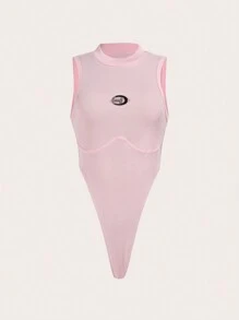 SHEIN ICON 字母補丁細節小高領背心連體衣 - 粉色 - 查看 1