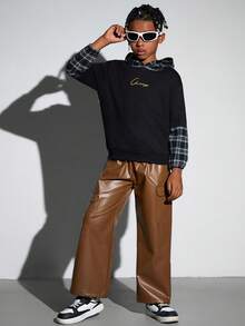 SHEIN Tween Boy Flap Pocket Side Drawstring Waist Cargo PU Leather Pants - Brown - View 4