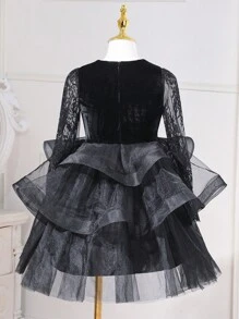 SHEIN Tween Girl Contrast Lace Mesh Overlay Party Dress - Black - View 2