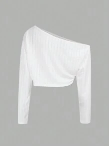 SHEIN ICON Solid Asymmetrical Neck Crop White Top - White - View 2