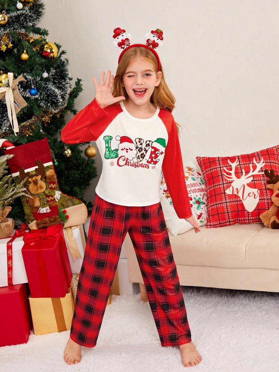SHEIN Leap Crew 少女中碼針織聖誕印花色塊raglan上衣和格紋褲子兩件套家居服裝 - 紅色 - 查看 1