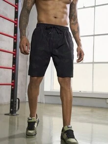 Men Geo Print Drawstring Waist Sports Shorts - Black - View 6