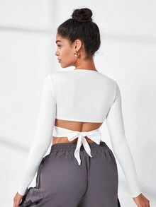 Yoga Trendy 鏤空交叉圍裹短款運動T恤 - 白色 - 查看 2