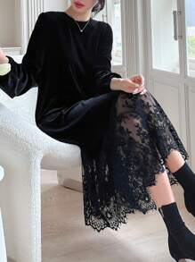 DAZY Contrast Lace Hem Velvet Dress,Fall Dress Long Sleeve Dress
