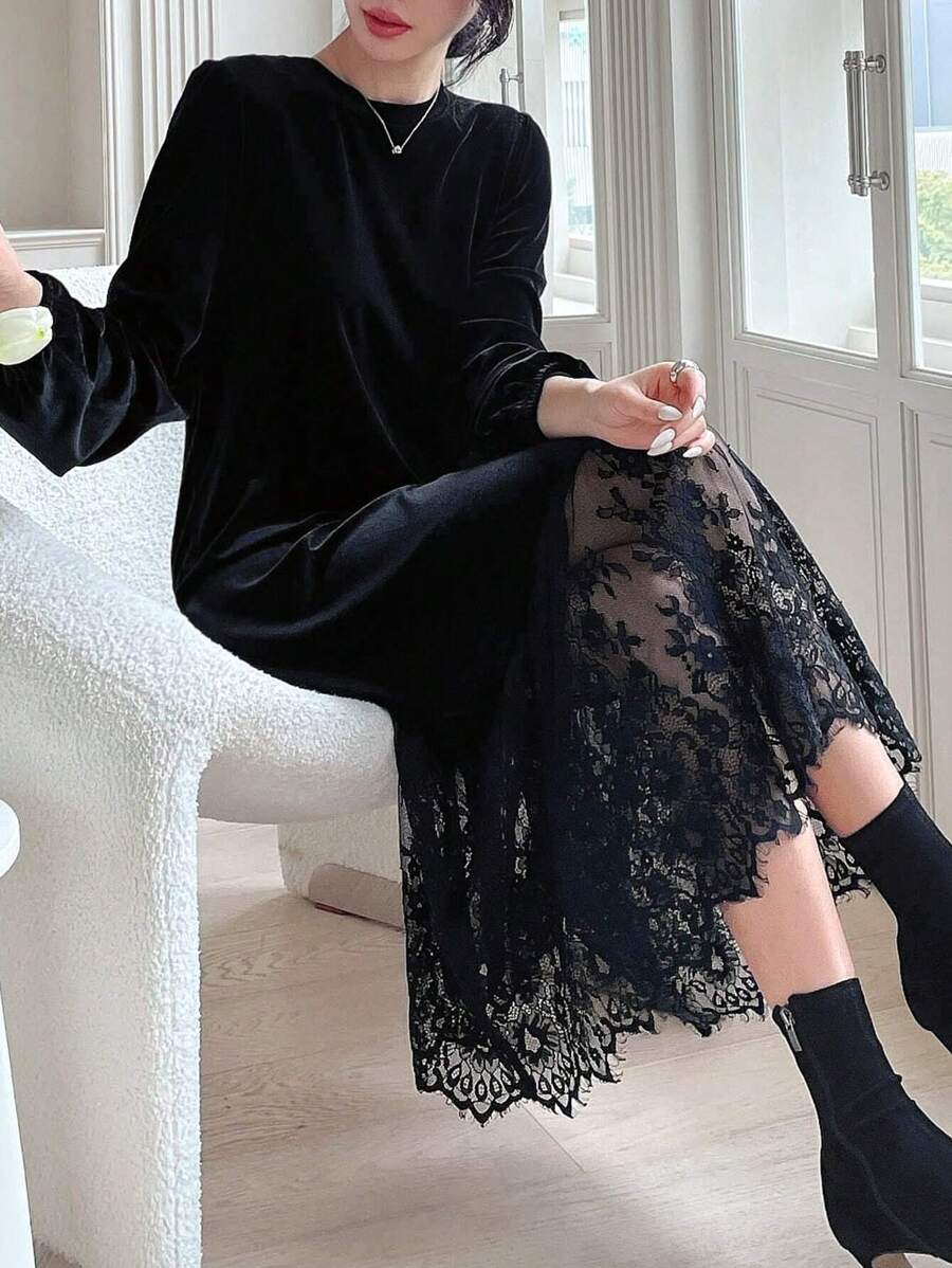 DAZY Contrast Lace Hem Velvet Dress,Fall Dress Long Sleeve Dress