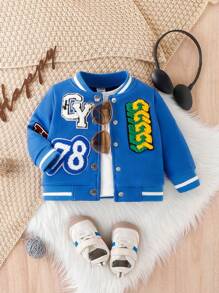 Baby Boy Letter Patched Striped Trim Varsity Jacket Without Tee - Royal Blue - View 3