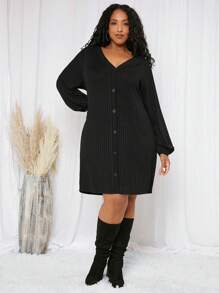 SHEIN CURVE+ Hơn Tay áo lồng đèn Nút phía trước Đầm - màu đen - Xem 7