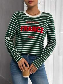 SHEIN Frenchy 條紋和字母圖案T恤 - 綠色 - 查看 1