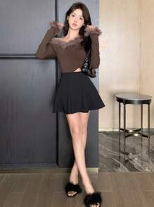 DAZY 纯色高腰喇叭裙秋季半身裙 - 黑色 - 查看 5