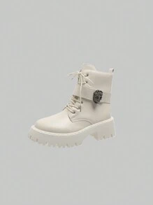 ROMWE Kawaii Women Skull Metal Decor Lace-up Front Combat Boots, Cool Outdoor Fashion Boots - Beige - View 1