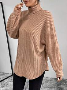 SHEIN Essnce Áo thun nữ tay cánh dơi dệt kim mùa xuân và mùa thu màu trơn thường ngày - Màu be - Xem 5
