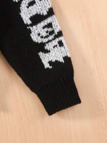 SHEIN Tween Girl Letter Pattern Hooded Cardigan - Black - View 6