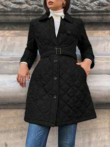 SHEIN Flap Detail Belted Quilted Coat