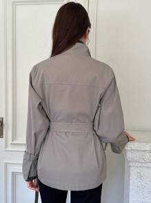 DAZY Chất rắn Thả vai Thắt lưng Áo khoác Trench - xanh quân đội - Xem 2