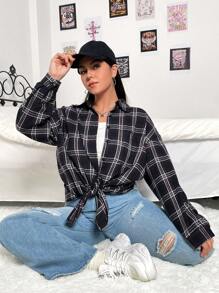 Flirla 大碼格紋印花落肩袖襯衫 - 黑色 - 查看 4