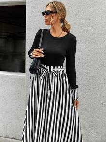 SHEIN Clasi Solid Tee & Striped Belted Skirt - Multicolor - View 3