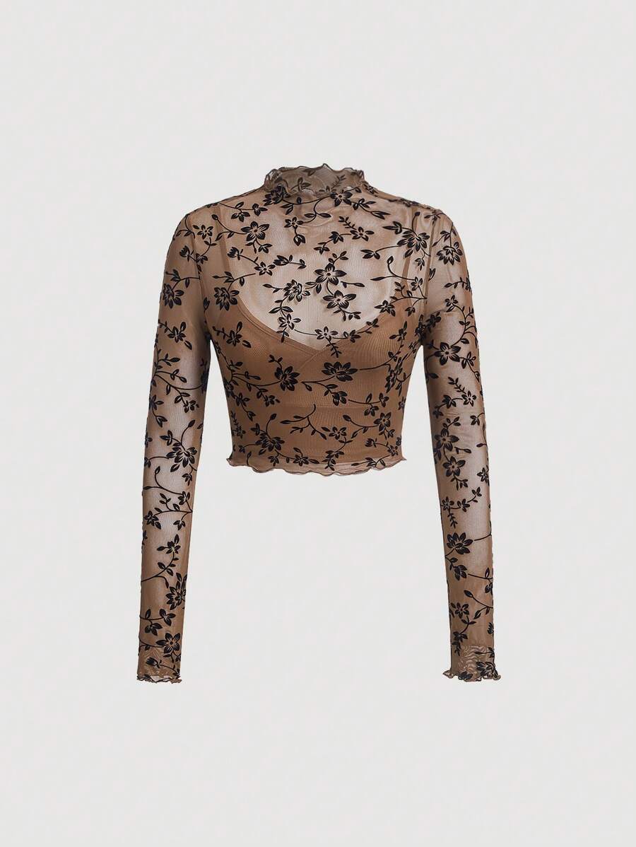 SHEIN MOD Floral Print Lettuce Trim Mesh Top - Brown - View 1
