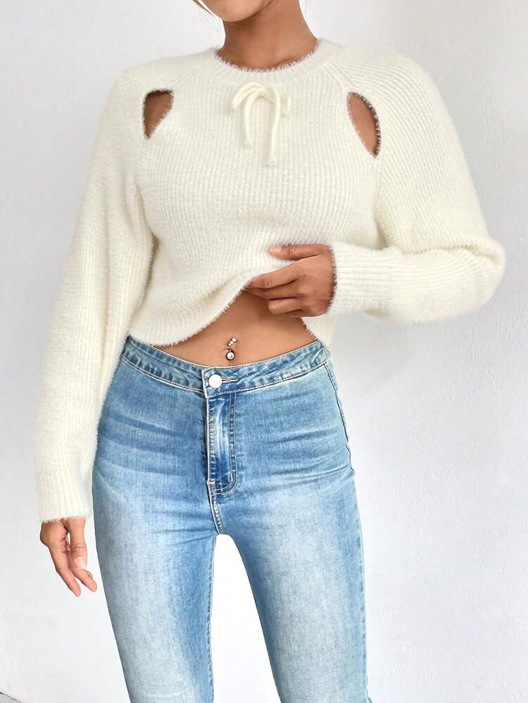 Cut Out Knot Front Raglan Sleeve Knit Pullover Fall Winter Sweater