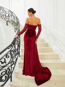 Missord Off Shoulder Contrast Sequin Ruched Split Thigh Formal Dress - Burgundy - View 2