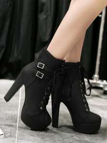 Women's High Heel Platform Motorcyle Boots With Chunky Heel And Lace Up