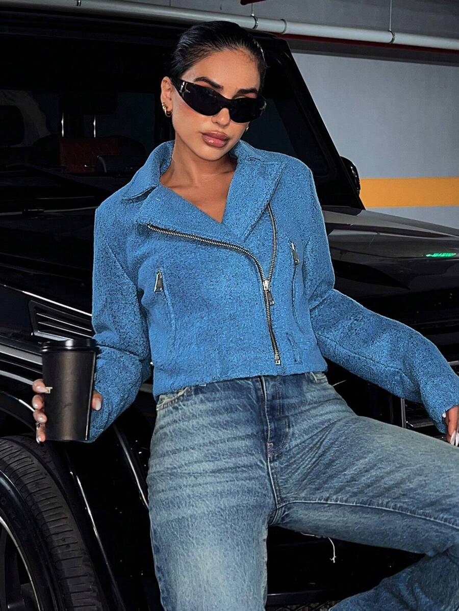 EURMUSE Zip Up Crop Winter Coat - Blue - View 1