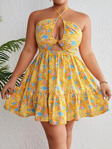 SHEIN VCAY Plus Floral Print Cut Out Tie Backless Ruffle Hem Halter Dress - Yellow - View 4