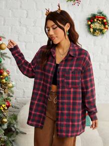 SHEIN EZwear Plaid Print Drop Shoulder Shirt - Red - View 4
