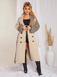 SHEIN SXY Houndstooth Print Double Breasted Belted Overcoat