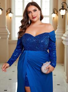 SHEIN Belle 大碼一字肩亮片正式洋裝 - 藍色 - 查看 6