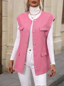 SHEIN LUNE Flap Detail Button Front Vest Overcoat - Pink - View 4