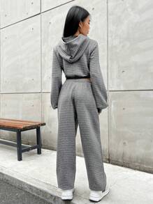 SHEIN EZwear Letter Patched Detail Cutout Drawstring Hoodie & Sweatpants - Dark Grey - View 2