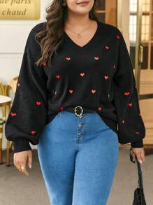 SHEIN Frenchy Plus Heart Embroidery Lantern Sleeve Sweater - Black - View 6