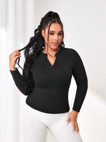 SHEIN Sports Plus Notched Neck Sports Sweatshirt - Black - View 4