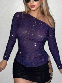 SHEIN ICON Asymmetrical Neck Glitter Top - Purple - View 5